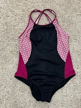 Lands End Black Pink Fuchsia & Pink Floral Print One Piece Swimsuit Women’s 14